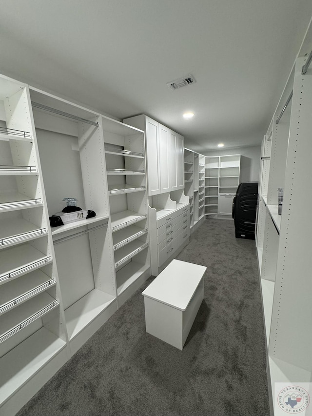 spacious closet with dark colored carpet