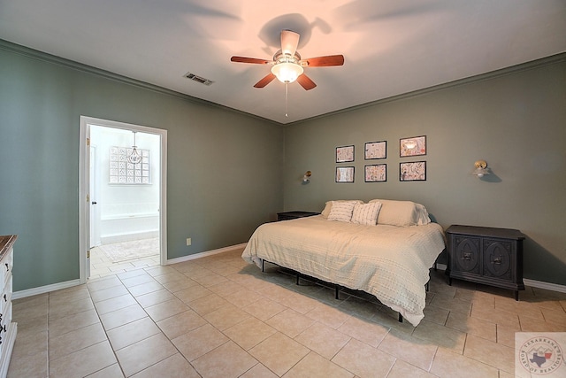 tiled bedroom featuring connected bathroom, crown molding, and ceiling fan