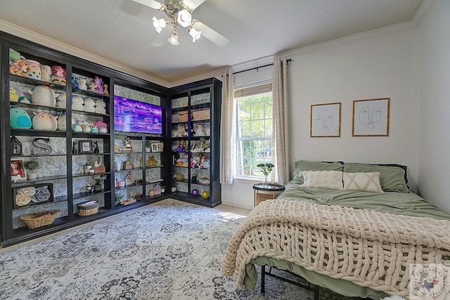 bedroom featuring multiple windows, a textured ceiling, ornamental molding, and ceiling fan