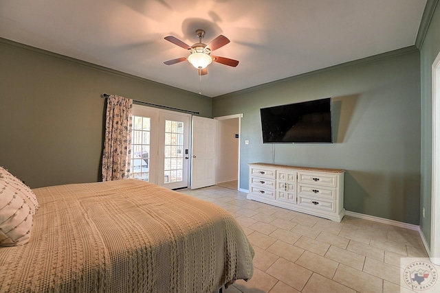 tiled bedroom featuring ornamental molding and ceiling fan