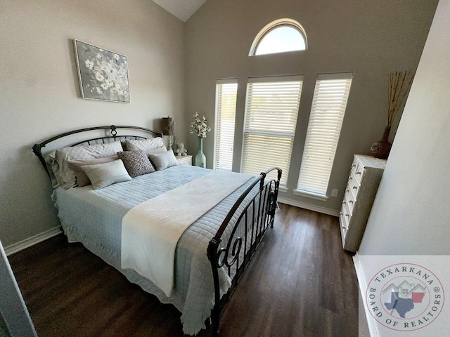 bedroom featuring vaulted ceiling and dark hardwood / wood-style floors