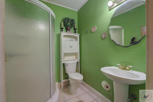 bathroom with tile patterned flooring, an enclosed shower, toilet, a textured ceiling, and ornamental molding