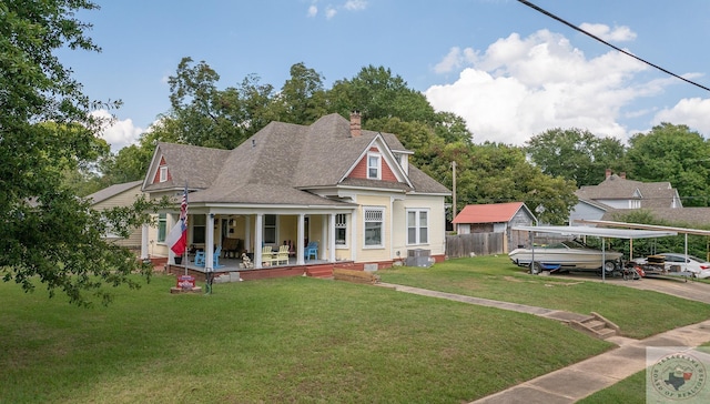 view of front of home featuring covered porch, cooling unit, and a front lawn