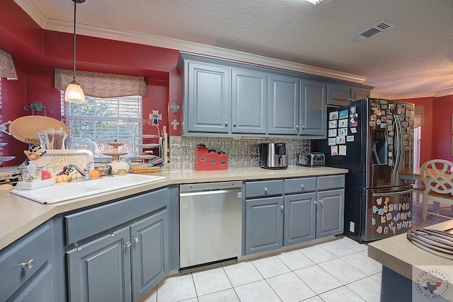 kitchen featuring stainless steel dishwasher, hanging light fixtures, sink, fridge with ice dispenser, and ornamental molding