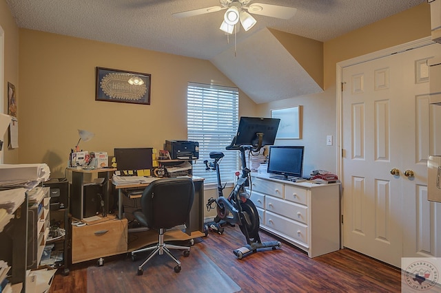 office area with ceiling fan, dark hardwood / wood-style flooring, a textured ceiling, and lofted ceiling