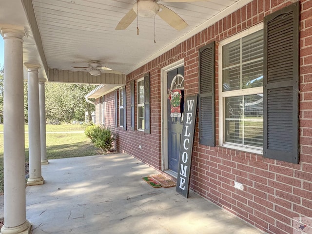 view of patio / terrace featuring ceiling fan and a porch