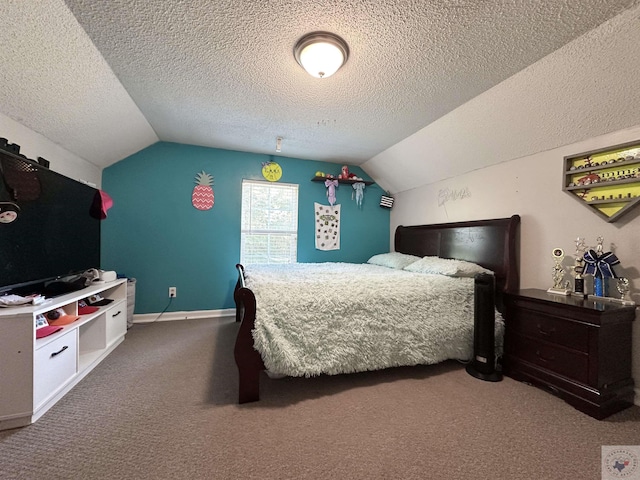 carpeted bedroom featuring a textured ceiling and vaulted ceiling