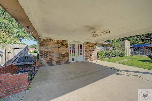 view of patio with ceiling fan, french doors, and a grill