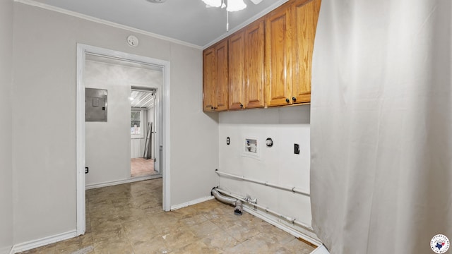 1599 Myrtle Springs Rd, Texarkana, TX 75503 - washroom featuring cabinet space, electric panel, crown molding, a ceiling fan, and baseboards