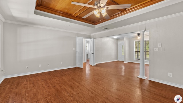 1599 Myrtle Springs Rd, Texarkana, TX 75503 - unfurnished room with ceiling fan, ornate columns, wood finished floors, ornamental molding, and baseboards