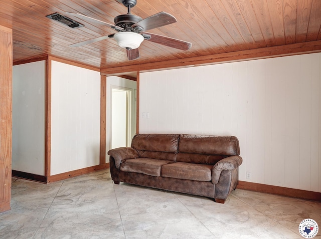 903 Mimosa St, Wake Village, TX 75501 - living room featuring wood ceiling, a ceiling fan, concrete floors, and wood walls