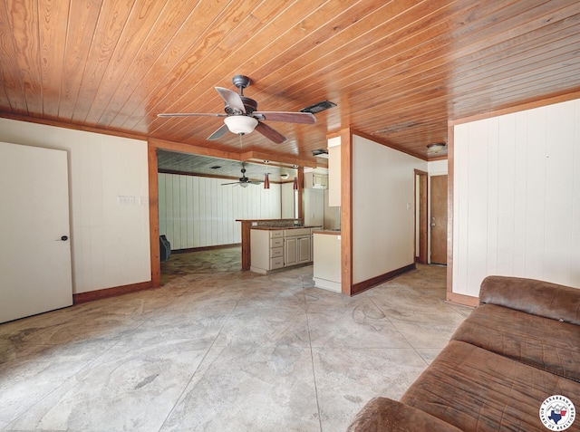 903 Mimosa St, Wake Village, TX 75501 - unfurnished living room with ceiling fan, wooden ceiling, concrete flooring, and wooden walls