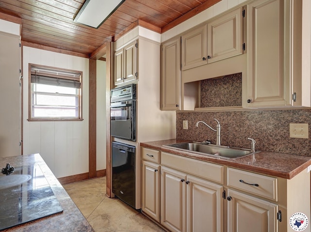 903 Mimosa St, Wake Village, TX 75501 - kitchen with black appliances, wooden ceiling, cream cabinetry, tasteful backsplash, and open shelves