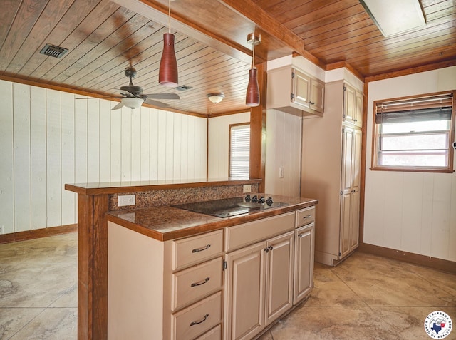 903 Mimosa St, Wake Village, TX 75501 - kitchen with black electric cooktop, wood ceiling, dark countertops, wooden walls, and a ceiling fan