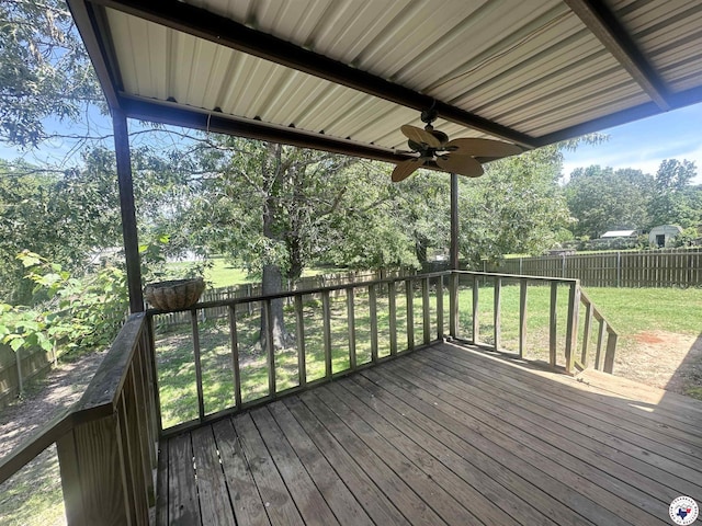 112 Springridge Ln, Texarkana, TX 75501 - wooden deck featuring ceiling fan, a fenced backyard, and a yard