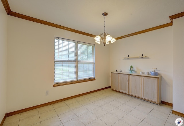 1121 Kelly Rd, Texarkana, TX 75501 - unfurnished dining area with ornamental molding, a chandelier, baseboards, and light tile patterned flooring