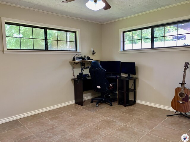 308 Eleanor St, Atlanta, TX 75551 - tiled office space featuring a ceiling fan and crown molding