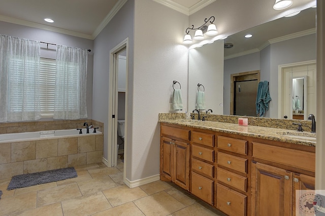 bathroom featuring a relaxing tiled tub, toilet, vanity, and ornamental molding