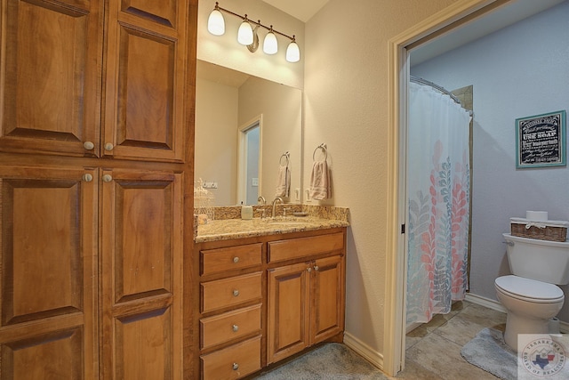 bathroom with tile patterned flooring, vanity, toilet, and a shower with shower curtain