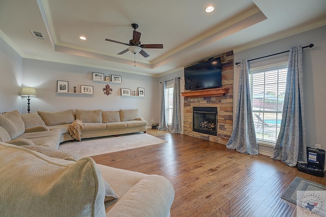 living room with plenty of natural light, a raised ceiling, and light wood-type flooring