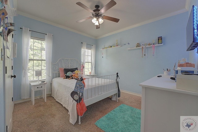 bedroom with multiple windows, crown molding, ceiling fan, and carpet