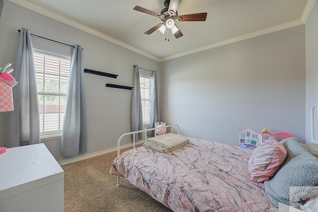 carpeted bedroom featuring ornamental molding and ceiling fan