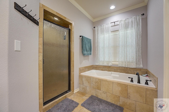 bathroom with ornamental molding, independent shower and bath, and tile patterned flooring