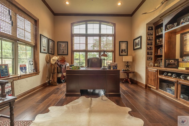 home office with ornamental molding and dark hardwood / wood-style floors