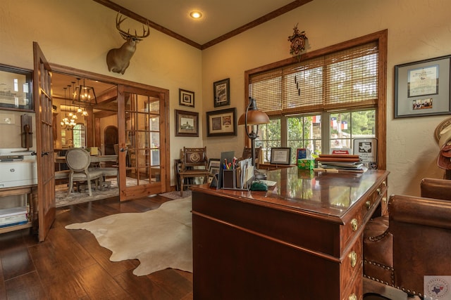 office area featuring french doors, dark hardwood / wood-style floors, crown molding, and a notable chandelier