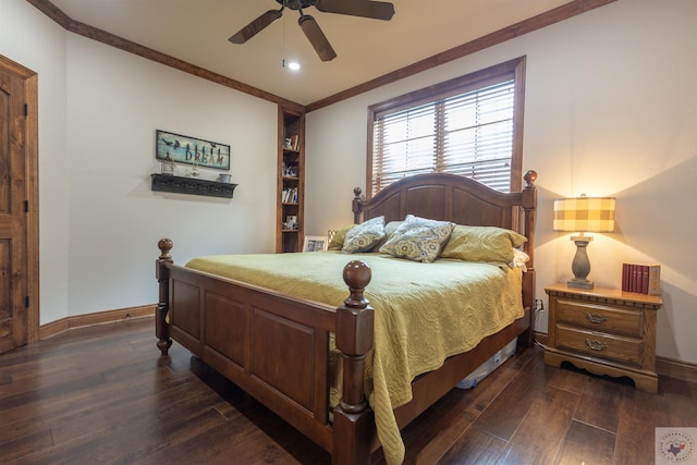 bedroom with ceiling fan, dark hardwood / wood-style floors, and crown molding