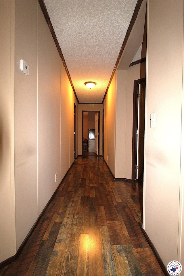 632 White Oak Rd, Maud, TX 75567 - hallway featuring ornamental molding, a textured ceiling, and hardwood / wood-style flooring