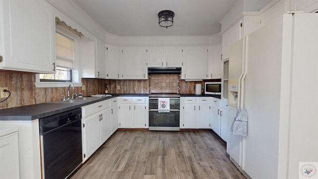 kitchen with white cabinets, dishwasher, white refrigerator with ice dispenser, double oven range, and sink