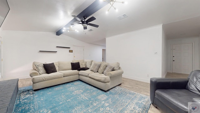 living area featuring visible vents, ceiling fan, baseboards, lofted ceiling with beams, and light wood-type flooring