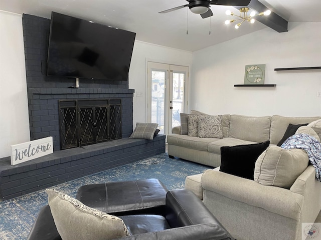 living room featuring a fireplace, lofted ceiling with beams, and ceiling fan