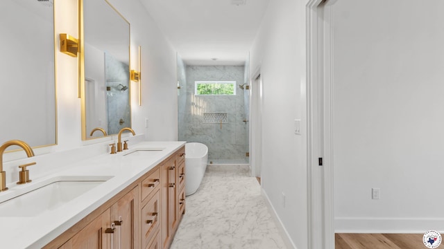 7312 Shadow Brooke, Texarkana, TX 75503 - bathroom featuring a shower stall, double vanity, baseboards, and marble finish floors