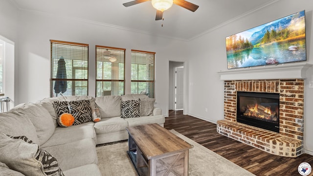 6 Meredith Way, Texarkana, TX 75501 - living area featuring a brick fireplace, a ceiling fan, ornamental molding, and wood finished floors