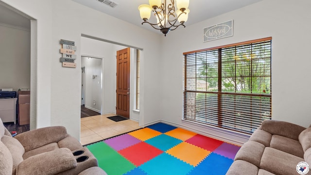 6 Meredith Way, Texarkana, TX 75501 - game room featuring visible vents, baseboards, a notable chandelier, and tile patterned flooring