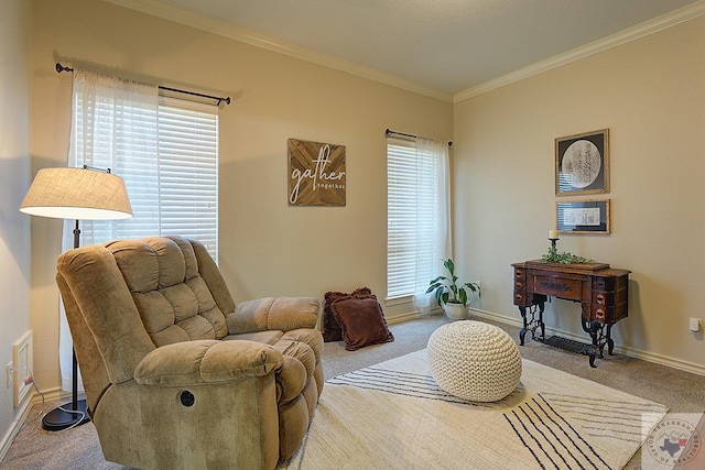 sitting room featuring light carpet, plenty of natural light, and ornamental molding