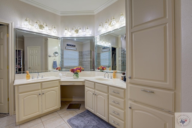 bathroom featuring tile patterned floors, vanity, and ornamental molding