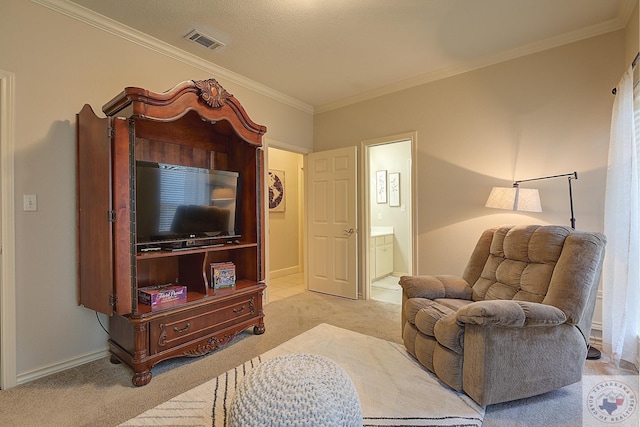 living room featuring light colored carpet and ornamental molding