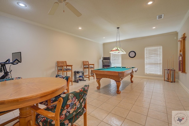 rec room featuring ceiling fan, pool table, light tile patterned floors, and ornamental molding