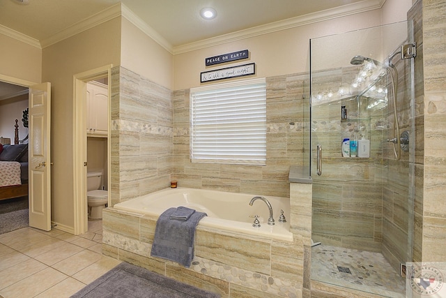 bathroom featuring ornamental molding, toilet, tile patterned floors, and separate shower and tub