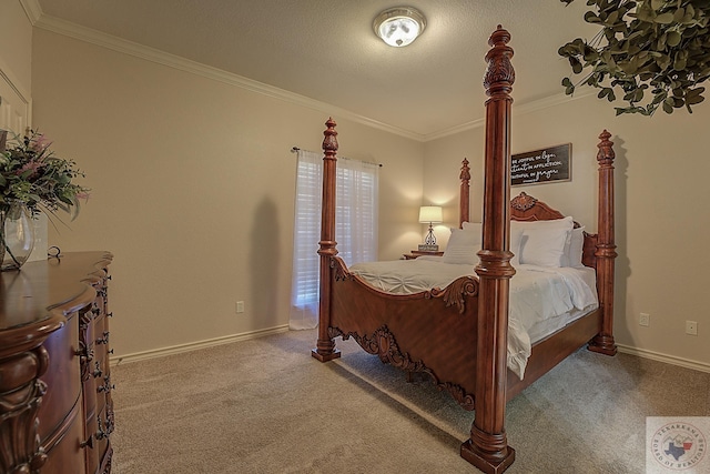 bedroom featuring carpet flooring and ornamental molding