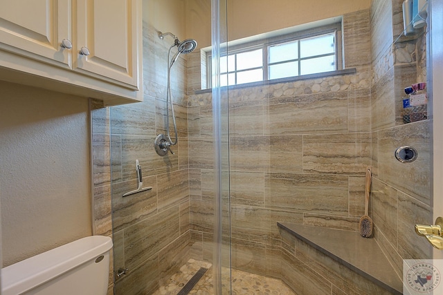 bathroom with toilet and an enclosed shower