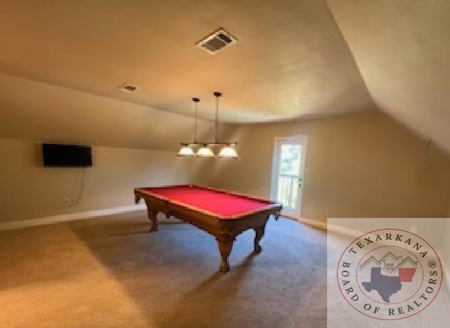 rec room with vaulted ceiling, carpet floors, and pool table