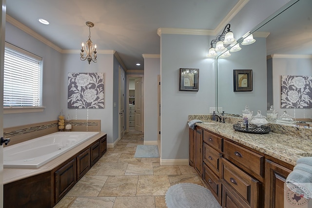 bathroom with a washtub, vanity, and ornamental molding