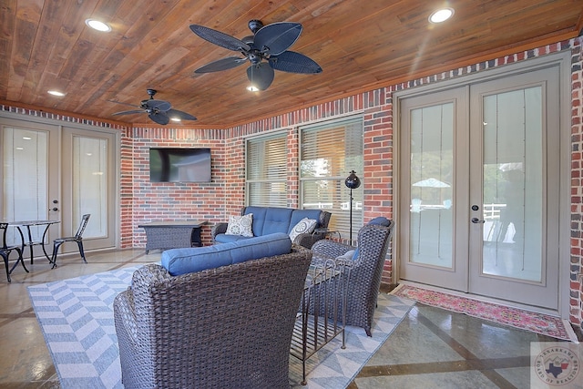 view of patio / terrace with ceiling fan, french doors, and an outdoor hangout area