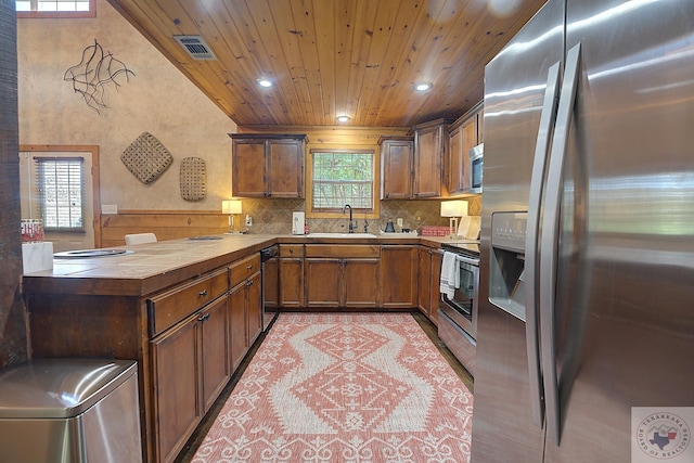 kitchen with wooden counters, sink, wood ceiling, decorative backsplash, and stainless steel appliances