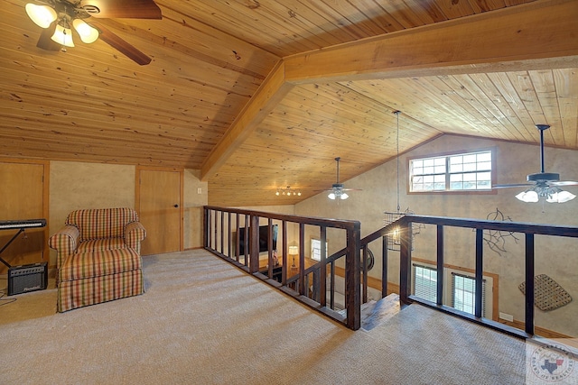 living area featuring wood ceiling, high vaulted ceiling, wood walls, and carpet floors