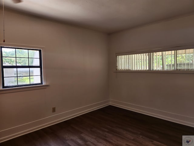 unfurnished room featuring dark hardwood / wood-style flooring and ornamental molding